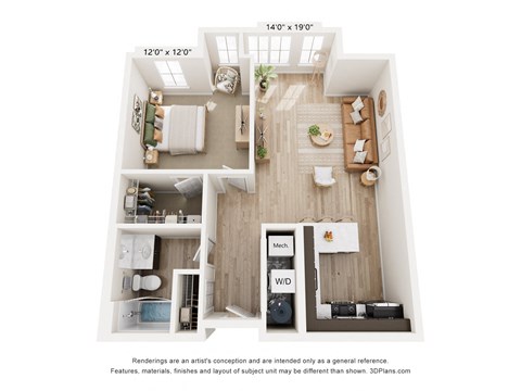 Floor plan for 1 bed, 1 bath, 820 sqft